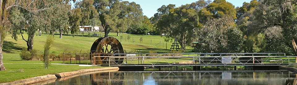 Wide scenic view of the iconic Gingin water wheel and Granville Park.